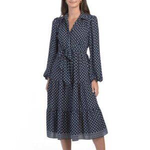 Max Studio London Womens Size L Vintage Classic Tiered Midi Navy Dotted Dress
